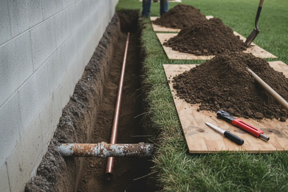 Excavated water line trench during Water Heater Repair in Avenel